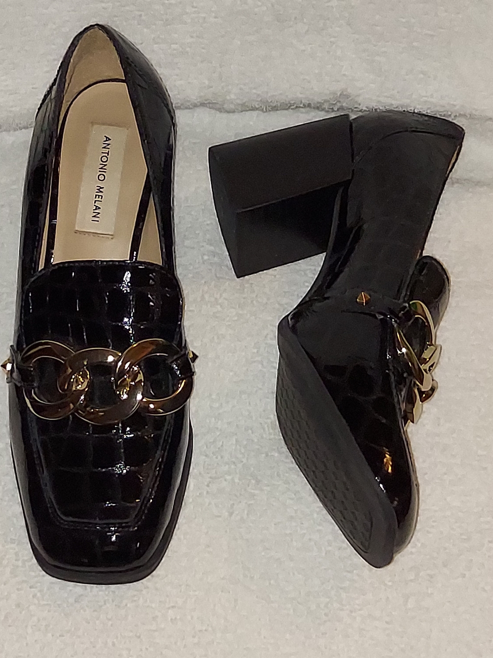 Antonio Melani Ladies Black Patent Leather Block Heel Loafers sz 8.5 m